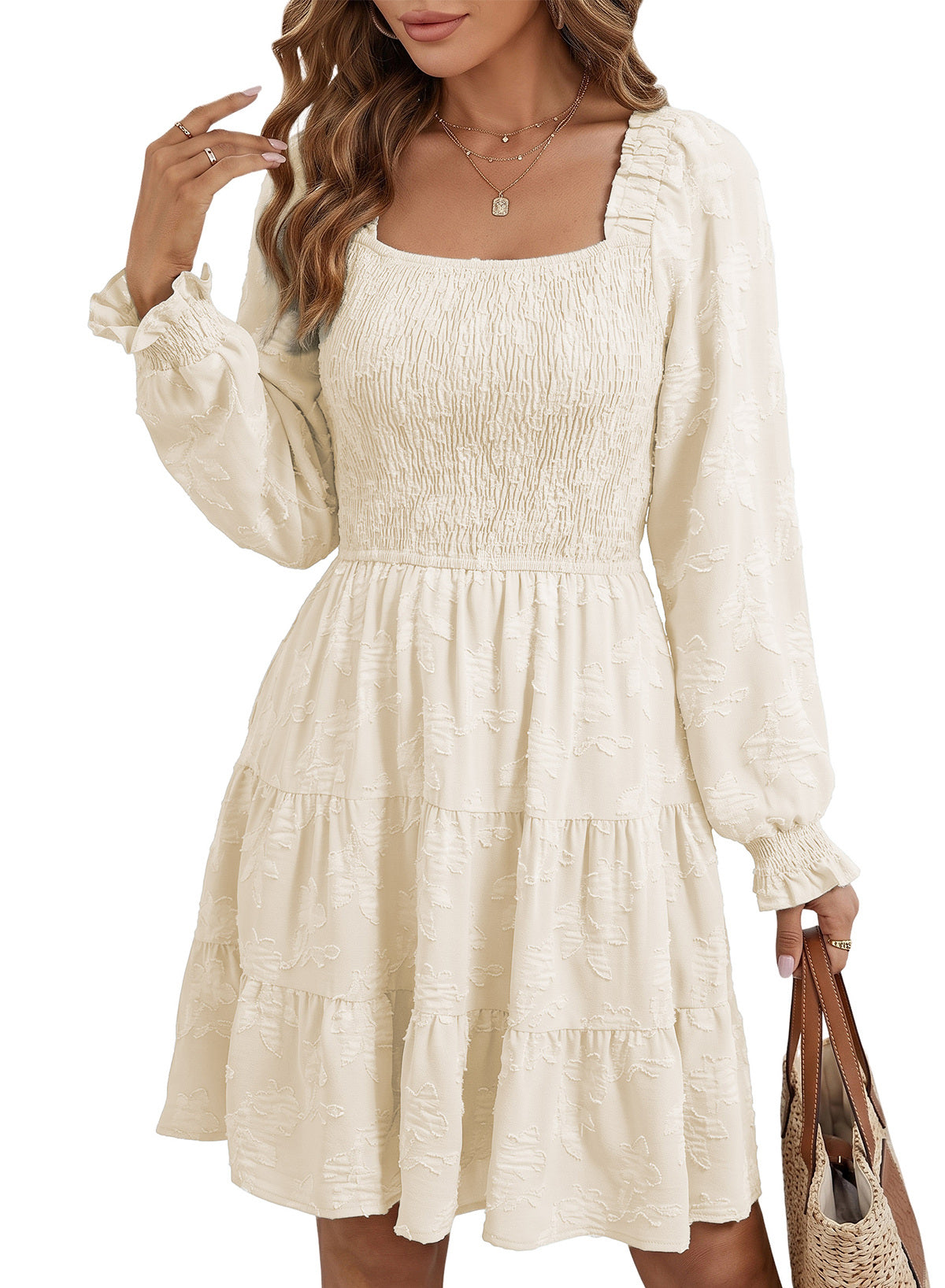 Dokotoo Womens Dresses Long Sleeve Square Neck Smocked Floral Burnout Swing Mini Dress