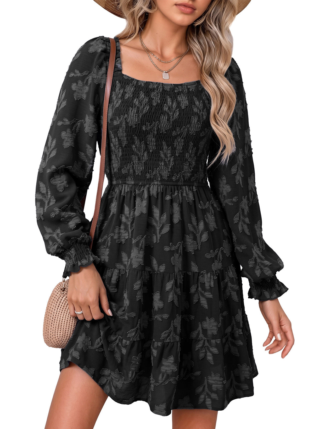 Dokotoo Womens Dresses Long Sleeve Square Neck Smocked Floral Burnout Swing Mini Dress