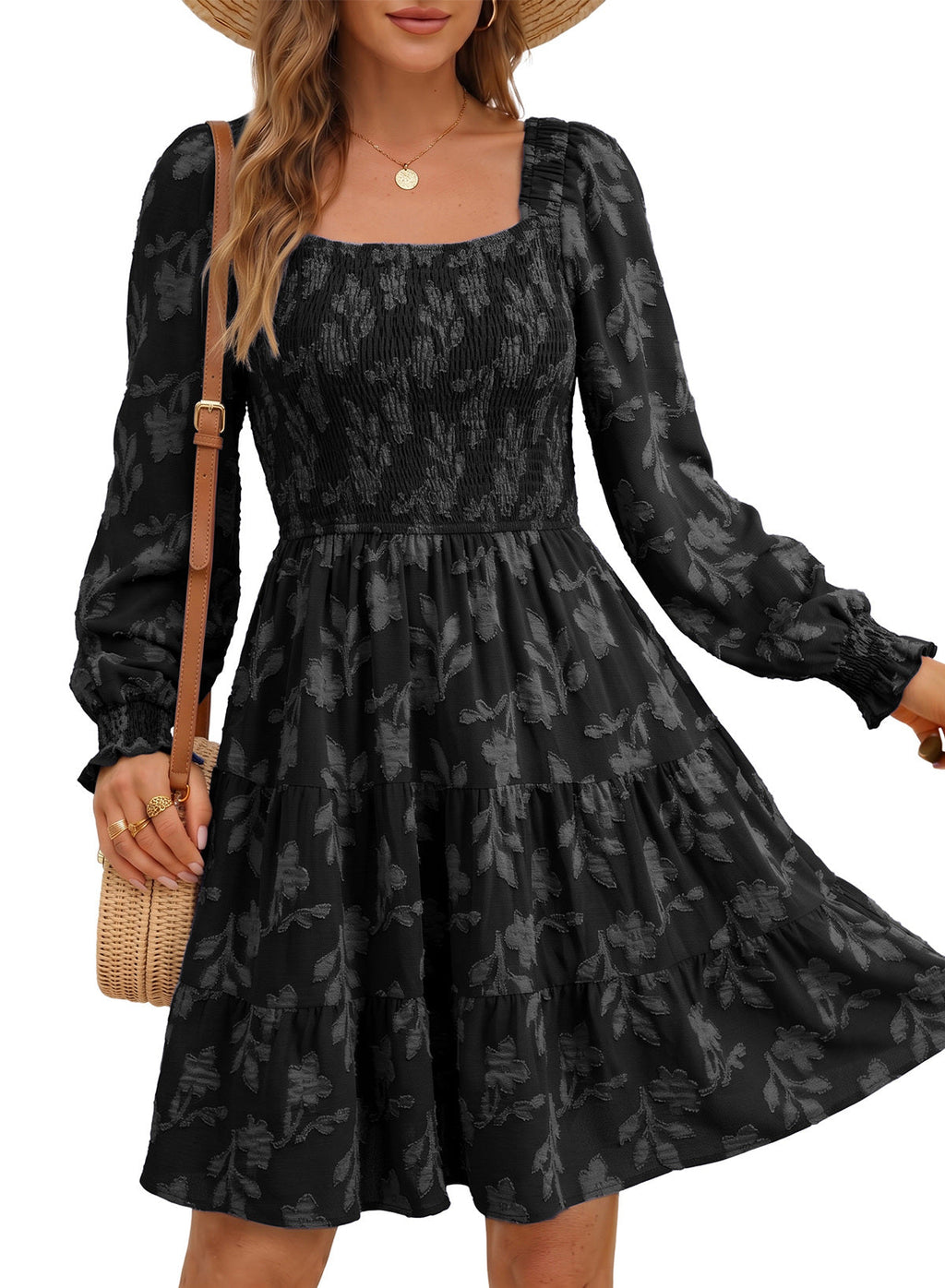 Dokotoo Womens Dresses Long Sleeve Square Neck Smocked Floral Burnout Swing Mini Dress