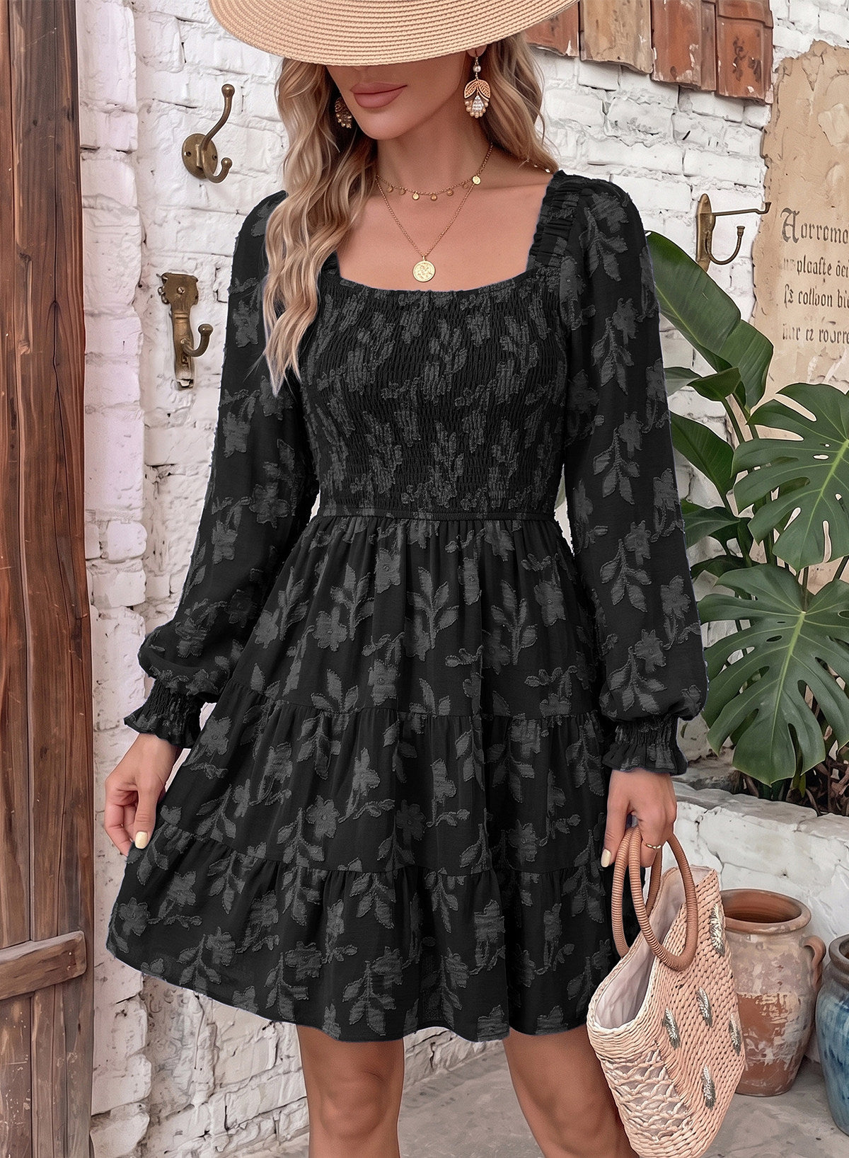 Dokotoo Womens Dresses Long Sleeve Square Neck Smocked Floral Burnout Swing Mini Dress