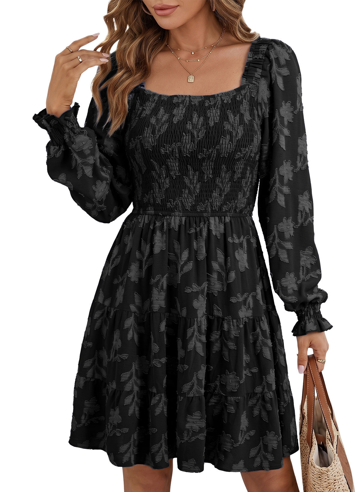 Dokotoo Womens Dresses Long Sleeve Square Neck Smocked Floral Burnout Swing Mini Dress