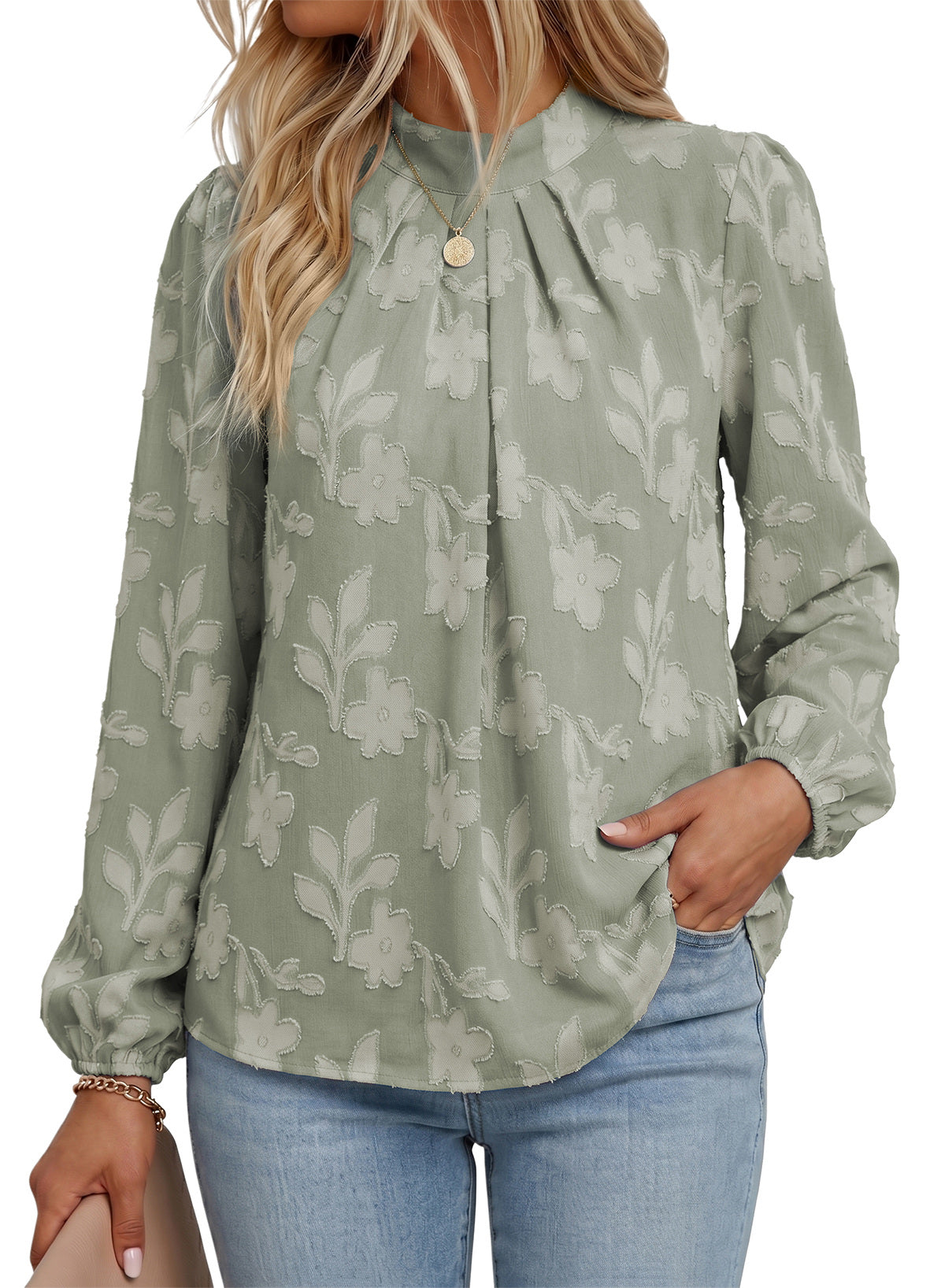 Dokotoo Womens Tops Mock Neck Pleated Floral Burnout Long Sleeve Shirts