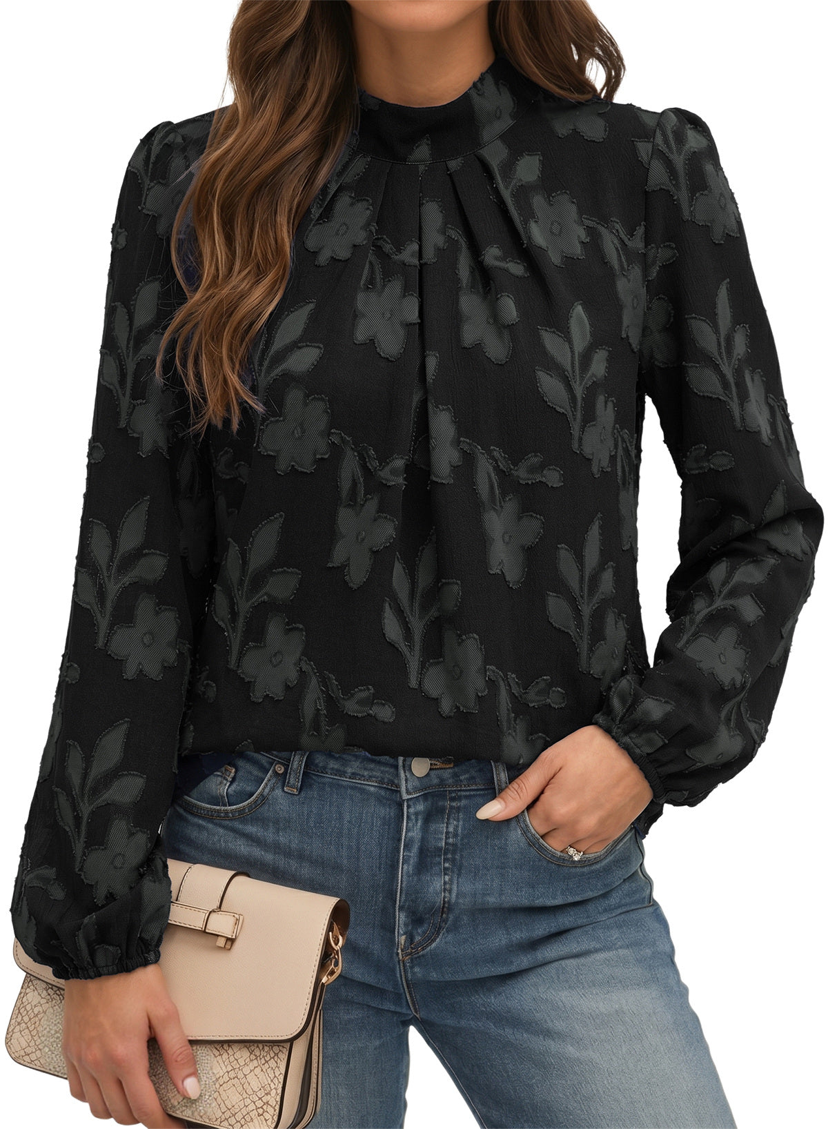 Dokotoo Womens Tops Mock Neck Pleated Floral Burnout Long Sleeve Shirts