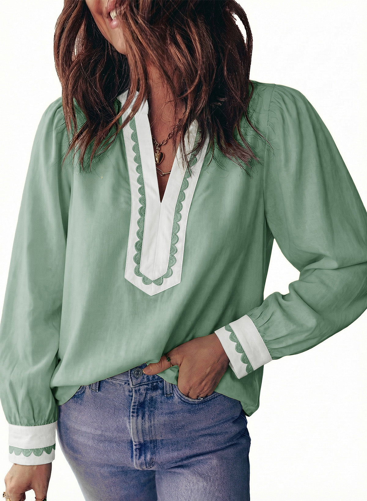 Dokotoo Womens Tops V Neck Long Sleeve Shirts Boho Trim Casual Blouses