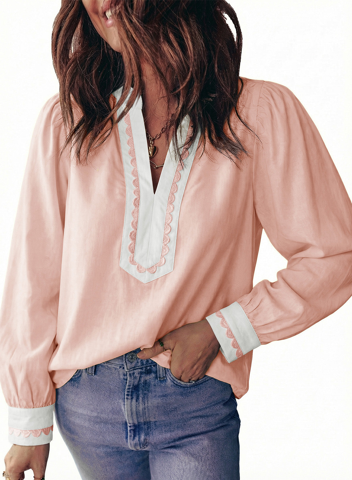 Dokotoo Womens Tops V Neck Long Sleeve Shirts Boho Trim Casual Blouses