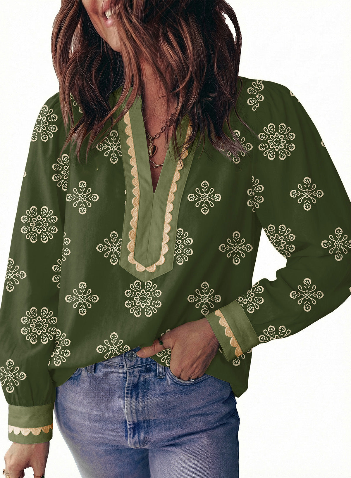 Dokotoo Womens Tops V Neck Long Sleeve Shirts Boho Trim Casual Blouses