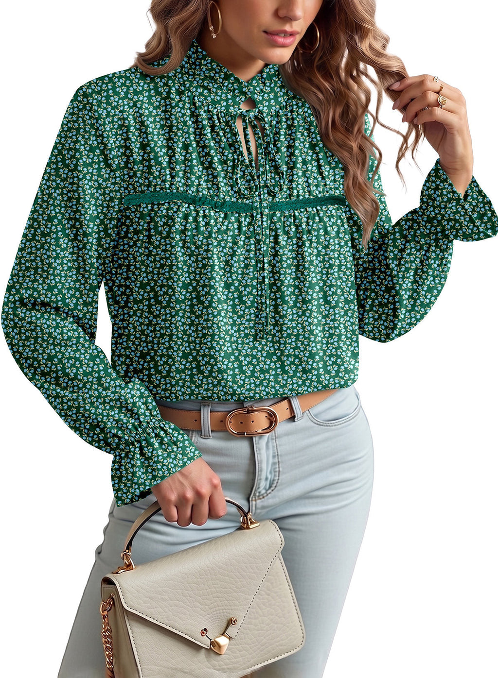 Dokotoo Long Sleeve Shirts for Women Boho Floral Tie V Neck Blouses