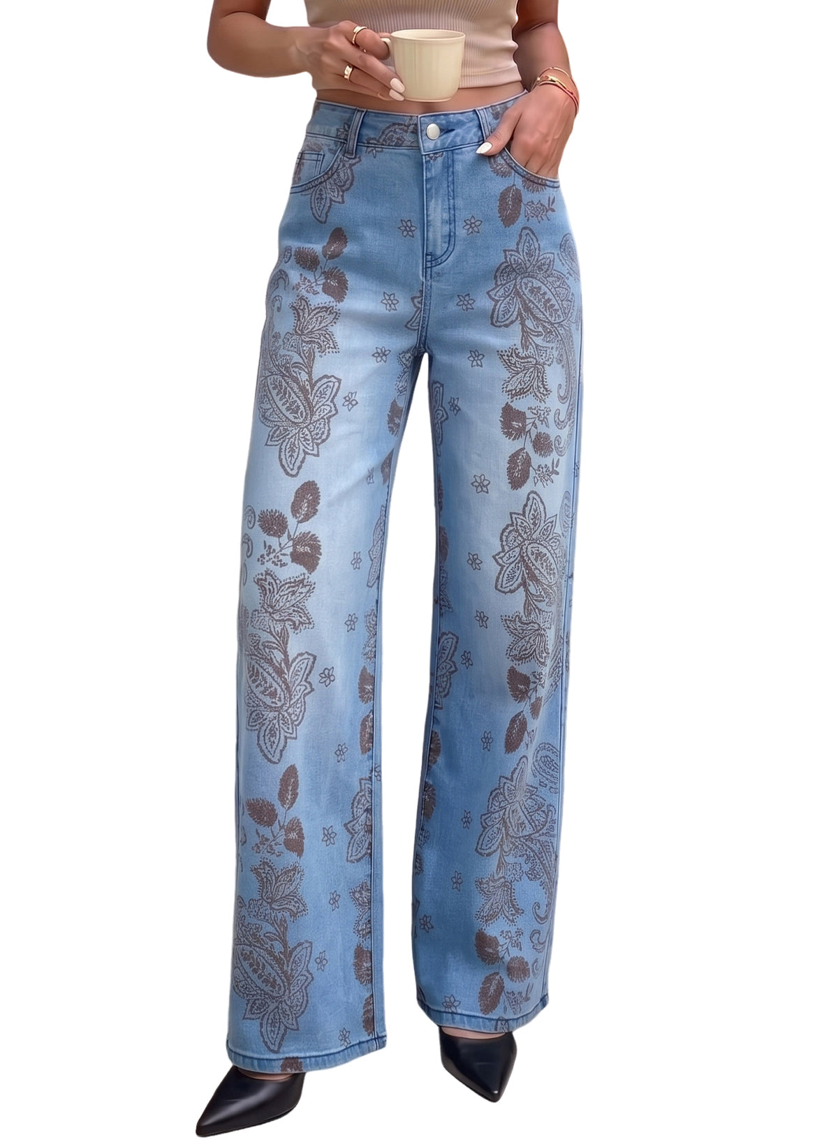 Dokotoo Women's Wide Leg Jeans Floral Print Baggy Denim Pants with Pockets