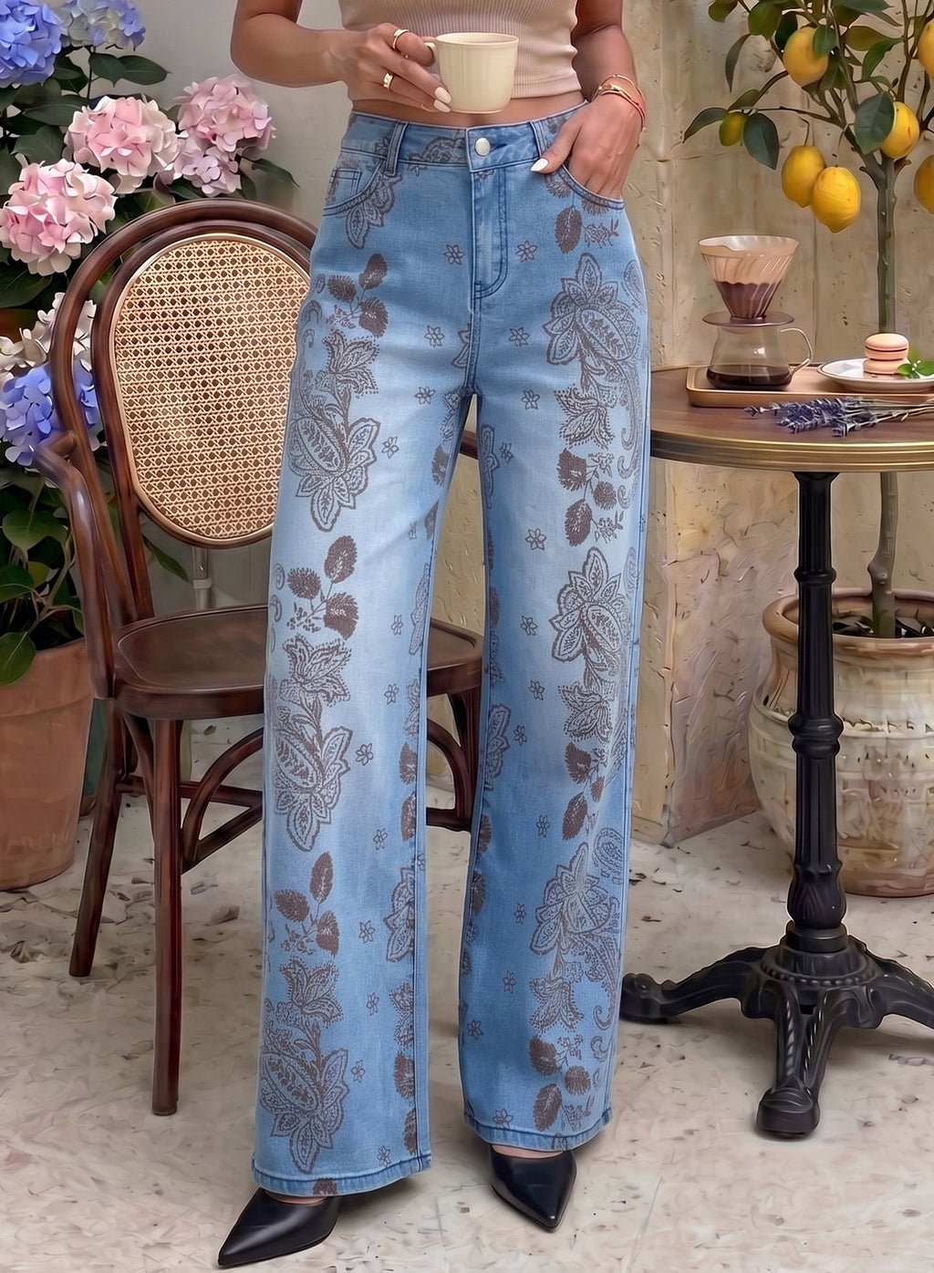 Dokotoo Women's Wide Leg Jeans Floral Print Baggy Denim Pants with Pockets