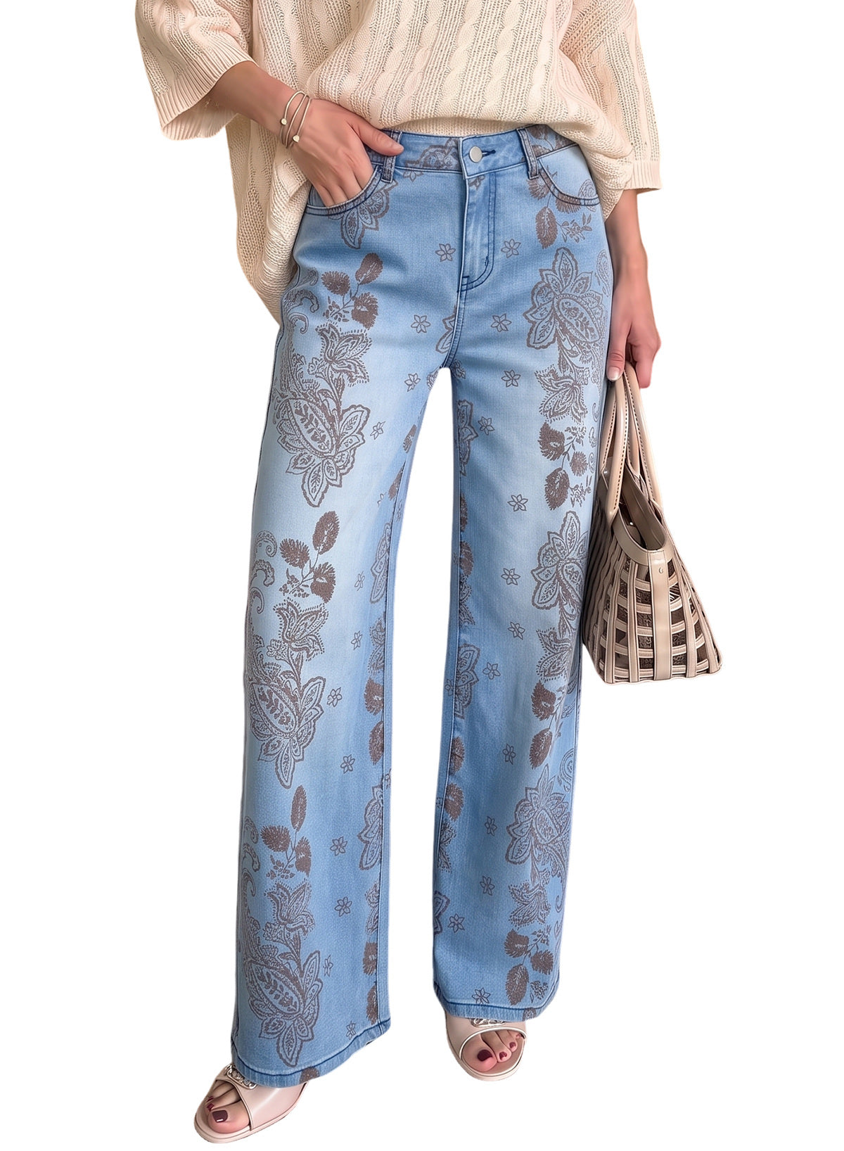 Dokotoo Women's Wide Leg Jeans Floral Print Baggy Denim Pants with Pockets