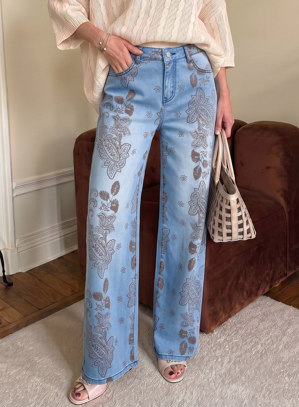 Dokotoo Women's Wide Leg Jeans Floral Print Baggy Denim Pants with Pockets