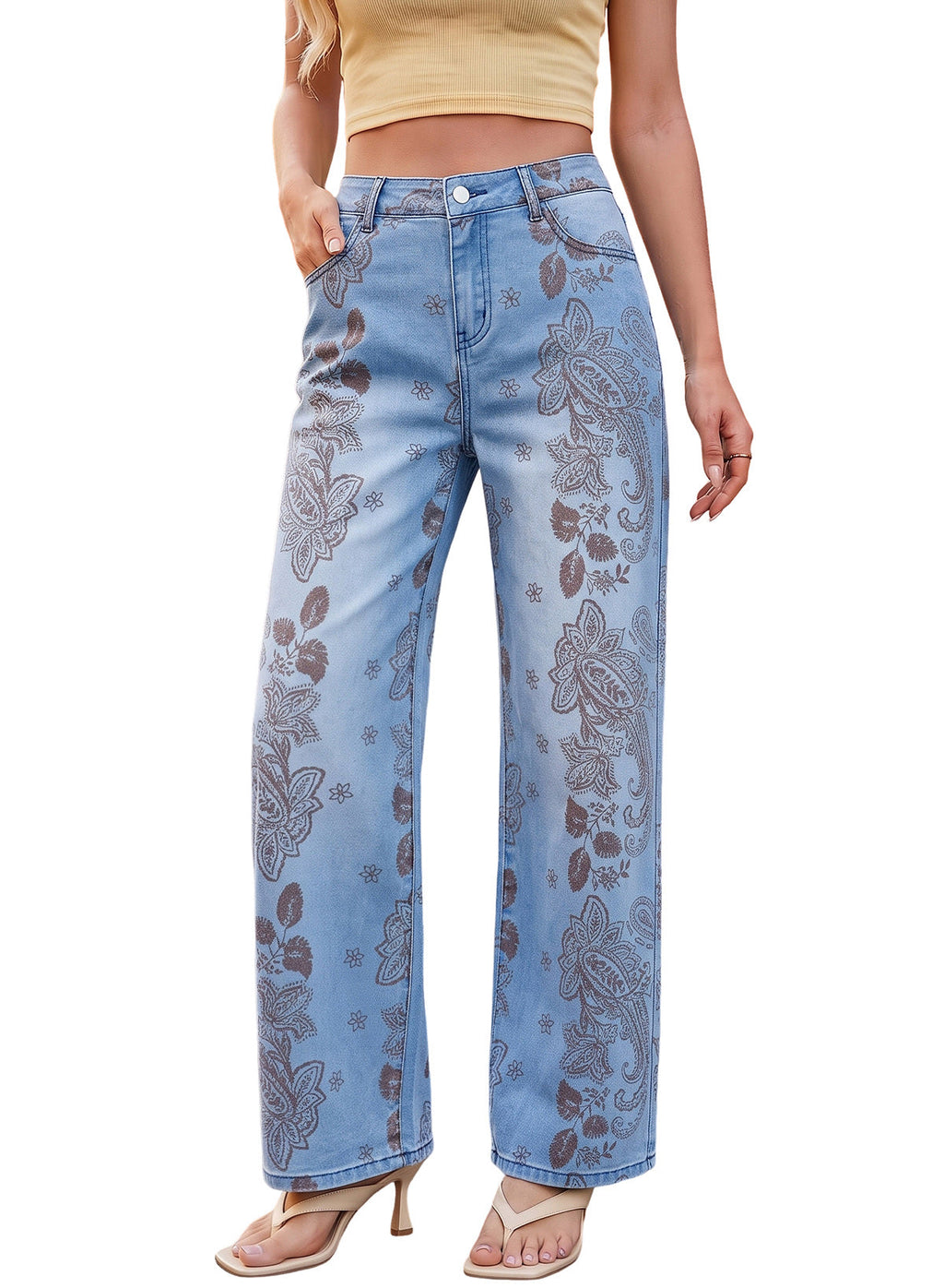 Dokotoo Women's Wide Leg Jeans Floral Print Baggy Denim Pants with Pockets