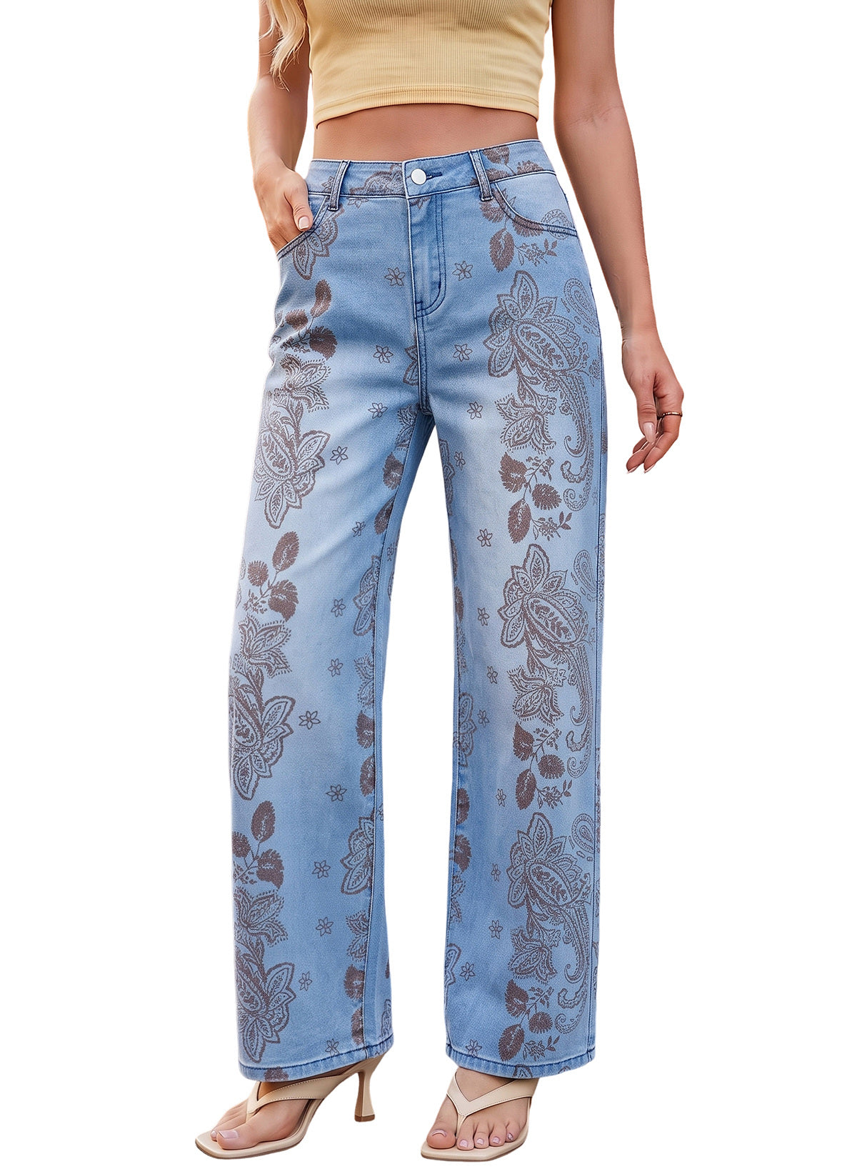 Dokotoo Women's Wide Leg Jeans Floral Print Baggy Denim Pants with Pockets