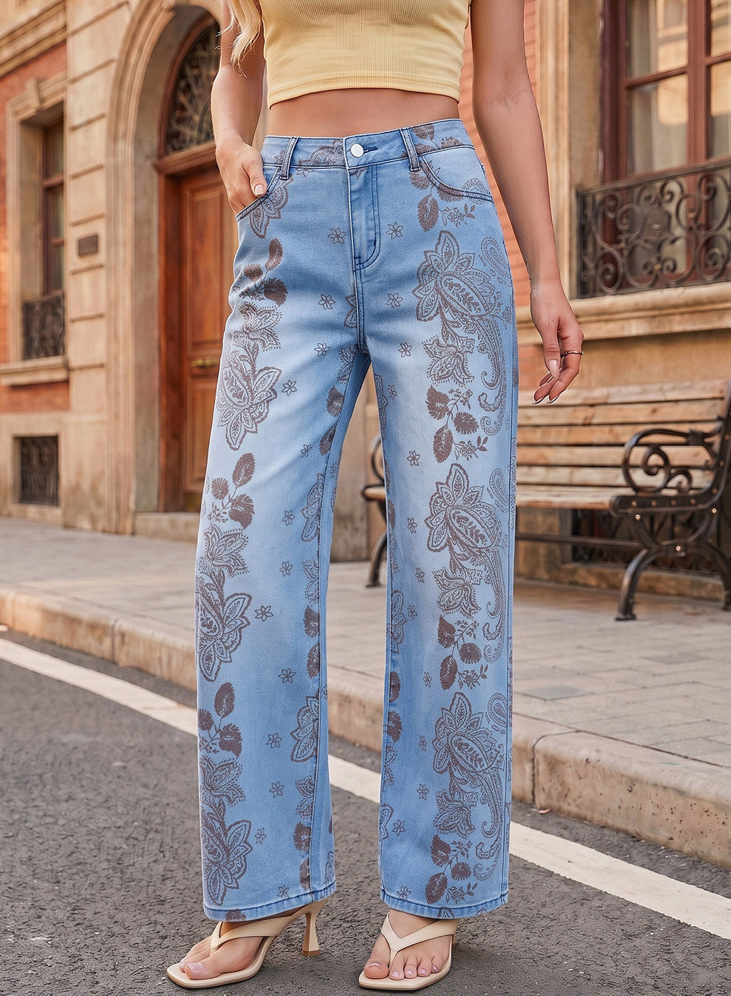 Dokotoo Women's Wide Leg Jeans Floral Print Baggy Denim Pants with Pockets
