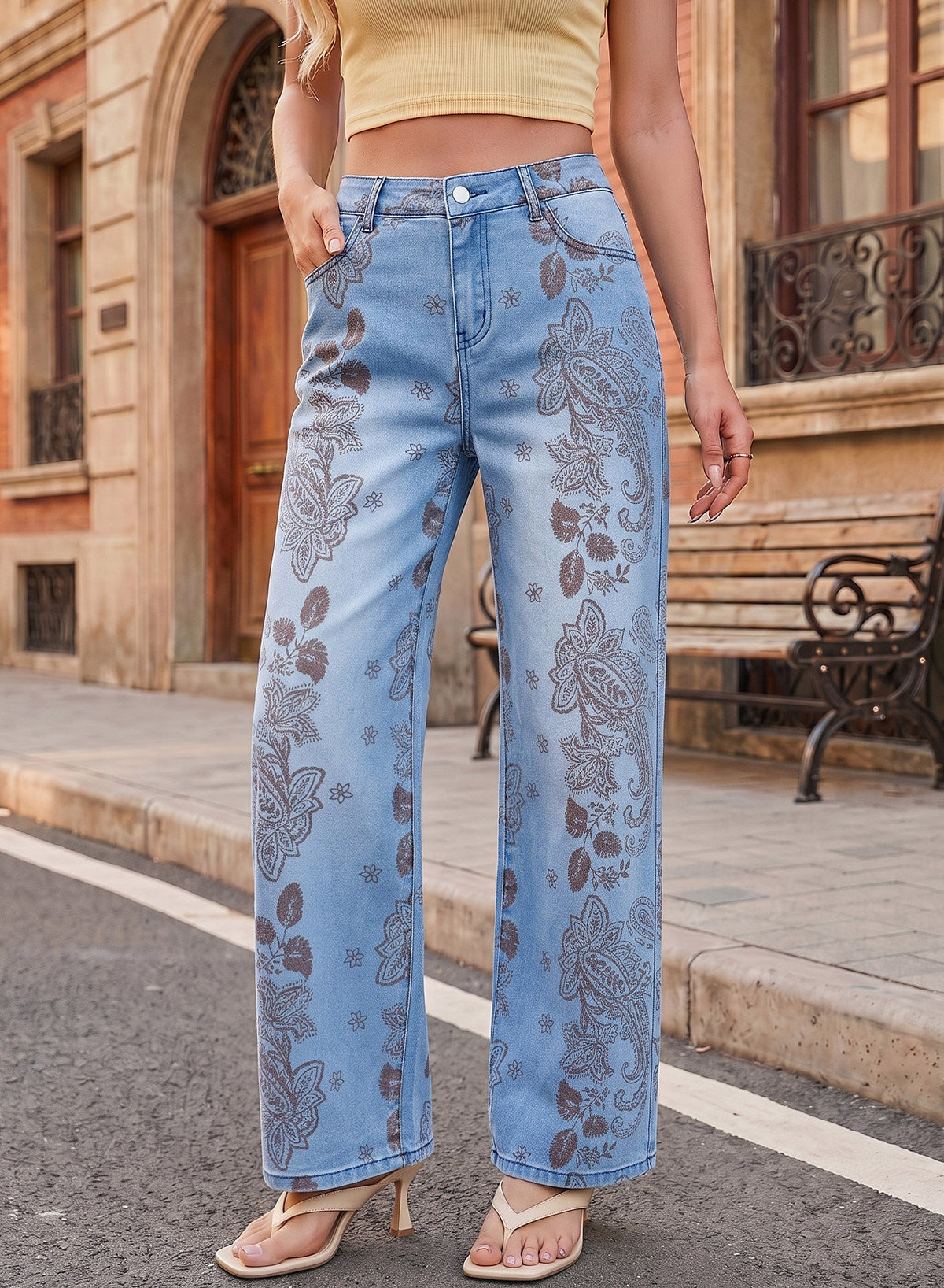 Dokotoo Women's Wide Leg Jeans Floral Print Baggy Denim Pants with Pockets