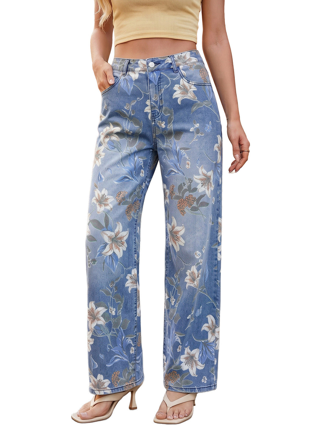 Dokotoo Women's Wide Leg Jeans Floral Print Baggy Denim Pants with Pockets