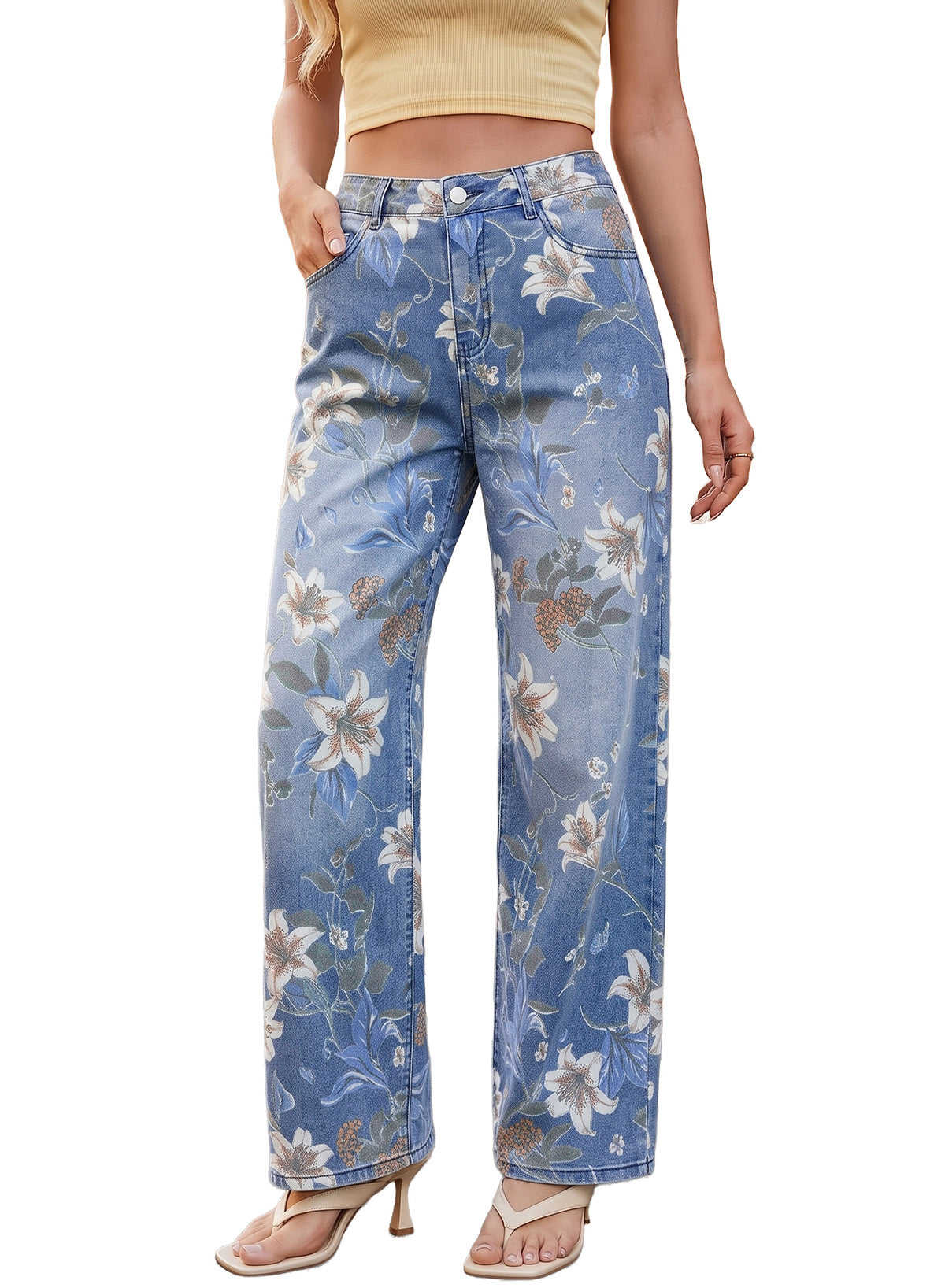 Dokotoo Women's Wide Leg Jeans Floral Print Baggy Denim Pants with Pockets