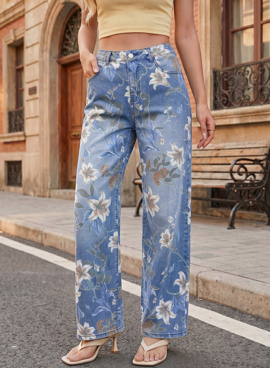 Dokotoo Women's Wide Leg Jeans Floral Print Baggy Denim Pants with Pockets