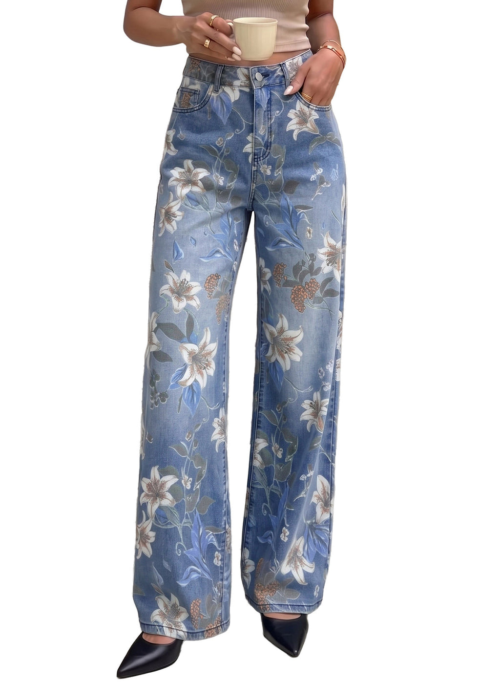 Dokotoo Women's Wide Leg Jeans Floral Print Baggy Denim Pants with Pockets