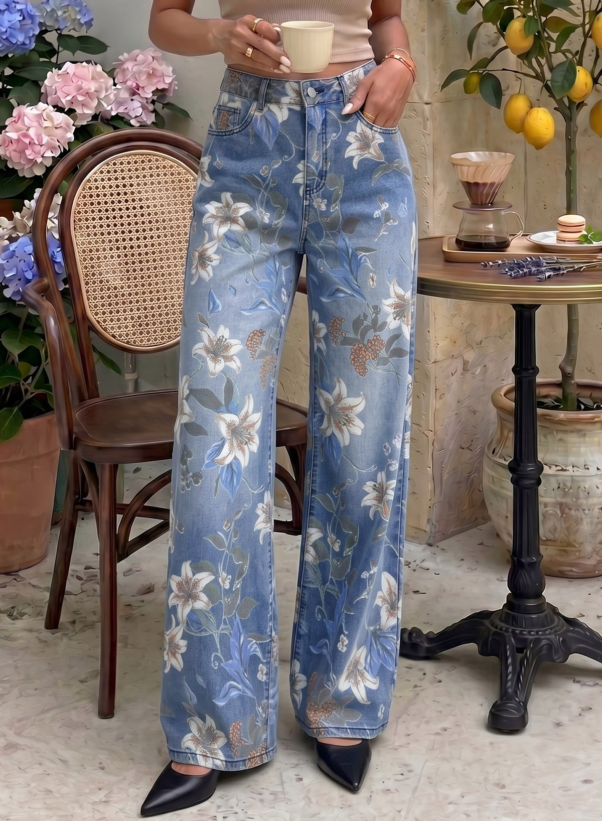 Dokotoo Women's Wide Leg Jeans Floral Print Baggy Denim Pants with Pockets