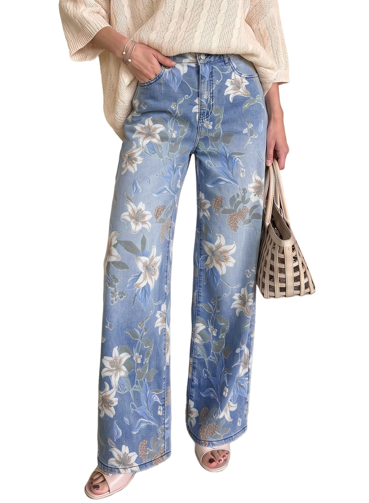 Dokotoo Women's Wide Leg Jeans Floral Print Baggy Denim Pants with Pockets