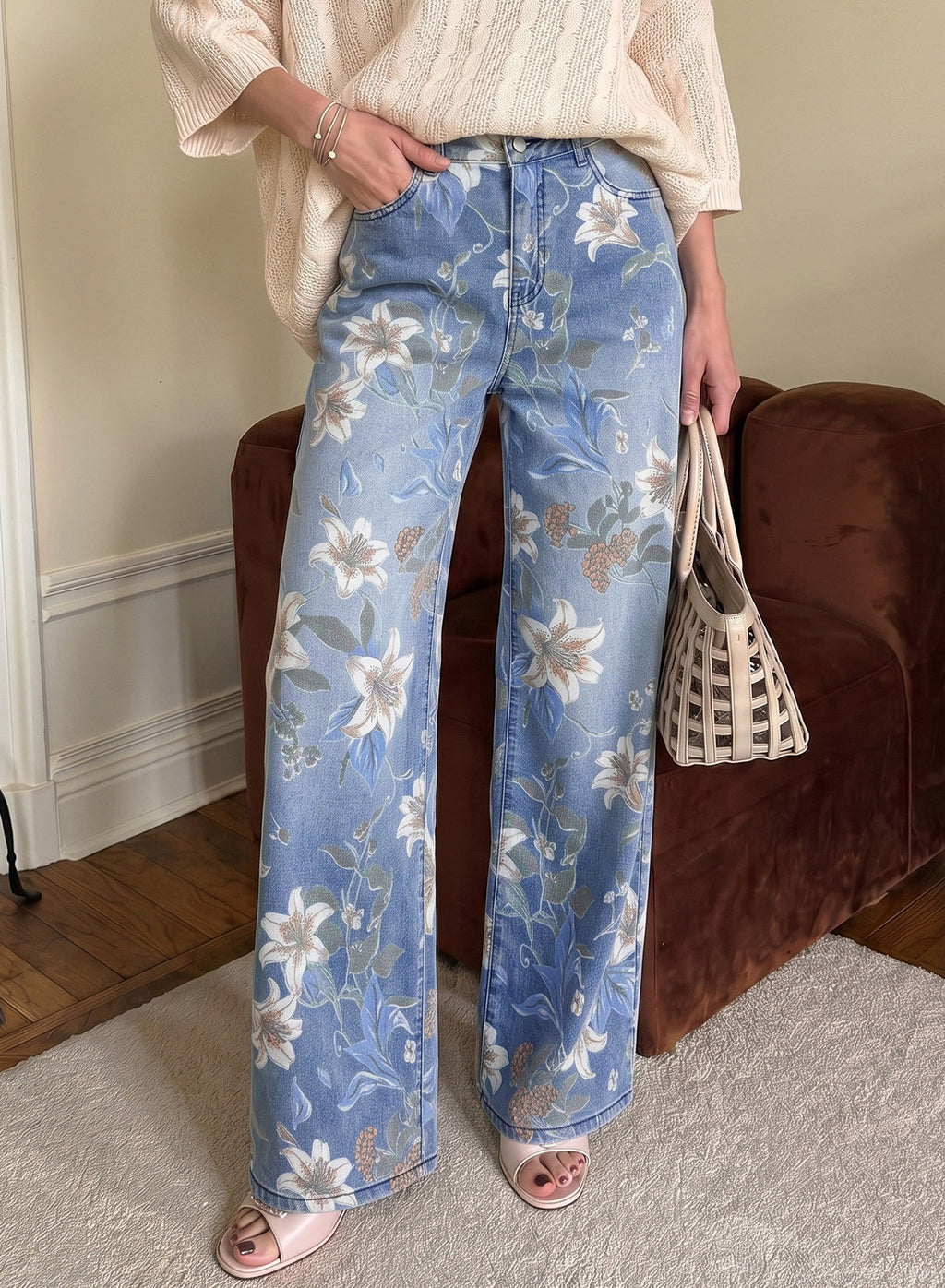Dokotoo Women's Wide Leg Jeans Floral Print Baggy Denim Pants with Pockets