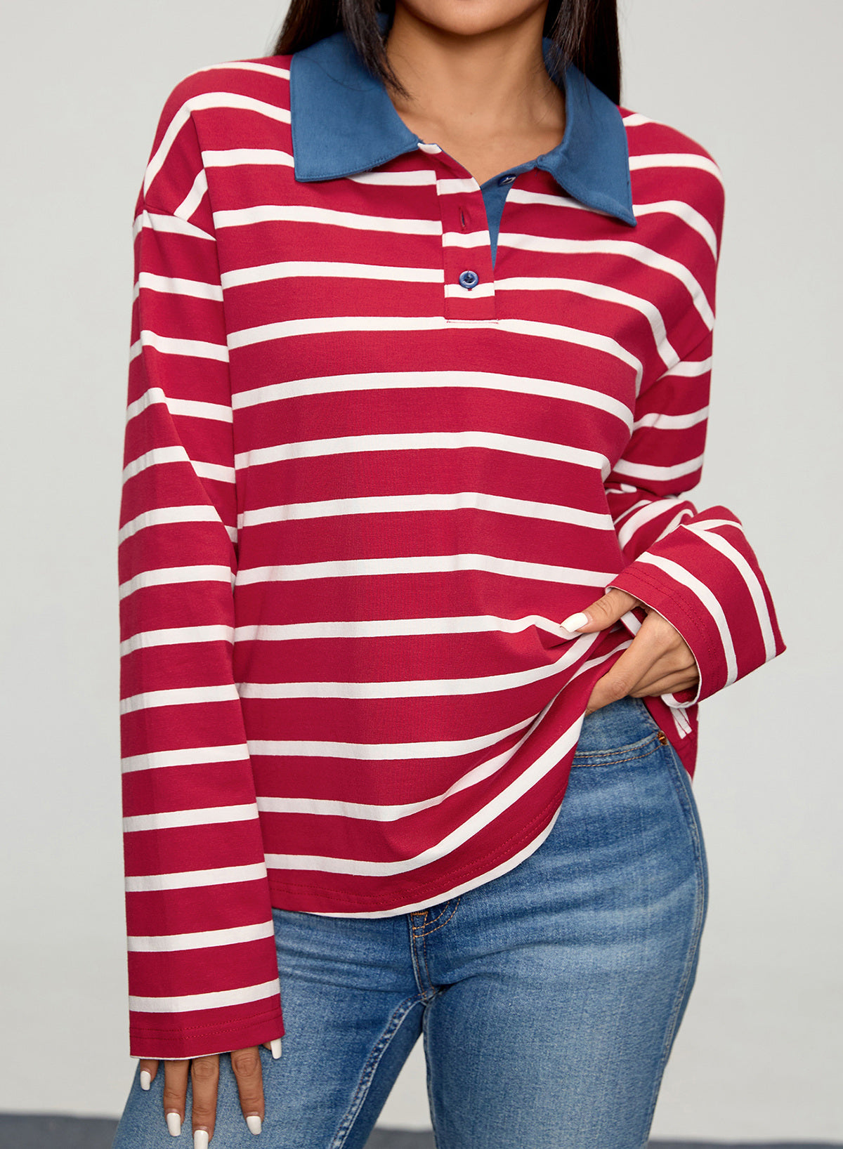 Dokotoo Womens Tops Long Sleeve Striped Color Block Button Down Shirts
