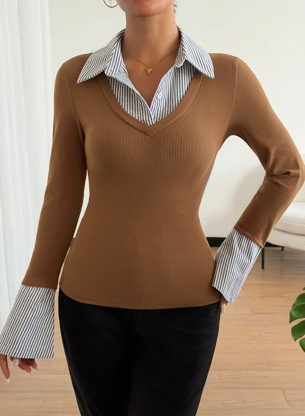 Dokotoo Womens Long Sleeve Polo Shirts Striped Collar Ribbed Knit Fit Tops