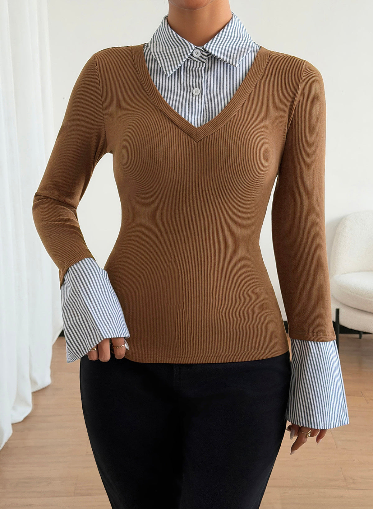 Dokotoo Womens Long Sleeve Polo Shirts Striped Collar Ribbed Knit Fit Tops