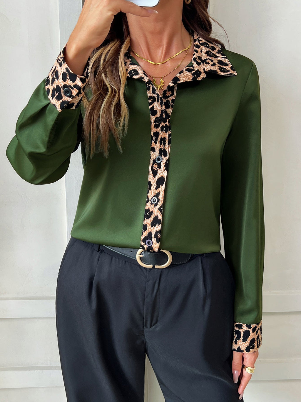 Dokotoo Womens Tops Business Casual Outfits Long Sleeve V Neck Button Down Shirts Satin Leopard Print Elegant Work Blouses