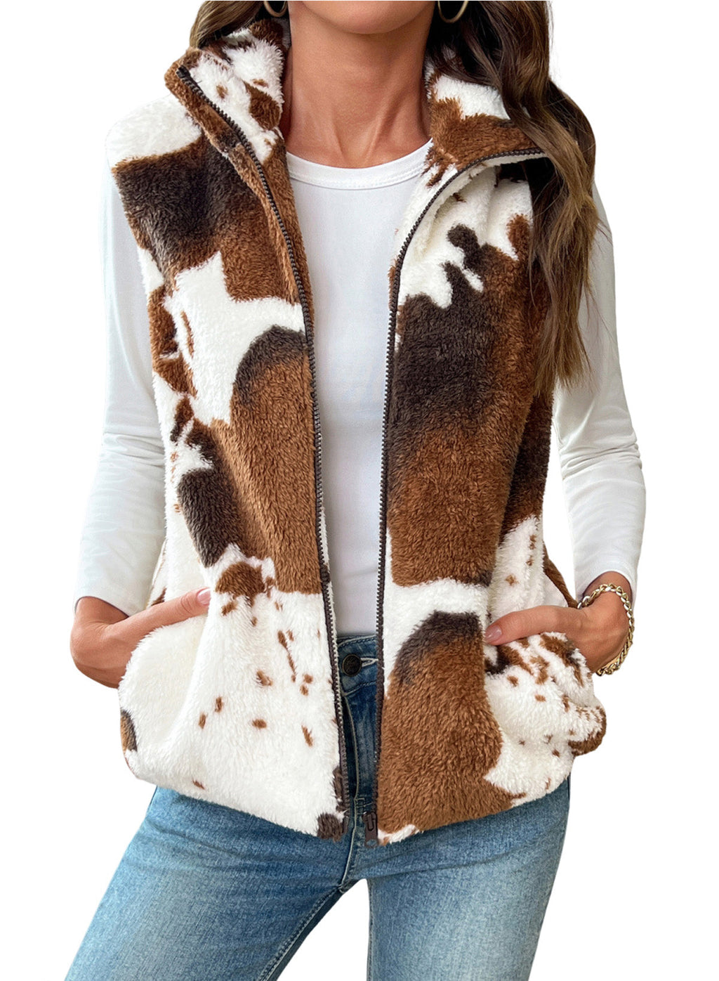 Dokotoo Womens Fleece Vest Zip Up Cow Print Sherpa Sleeveless Jacket