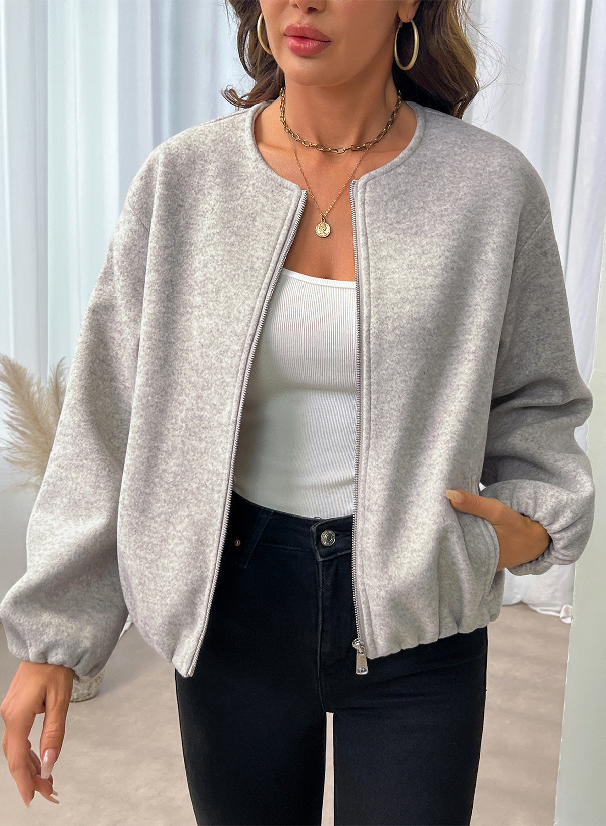 Bomber Jacket for Women Trendy Long Sleeve Coat with Pockets