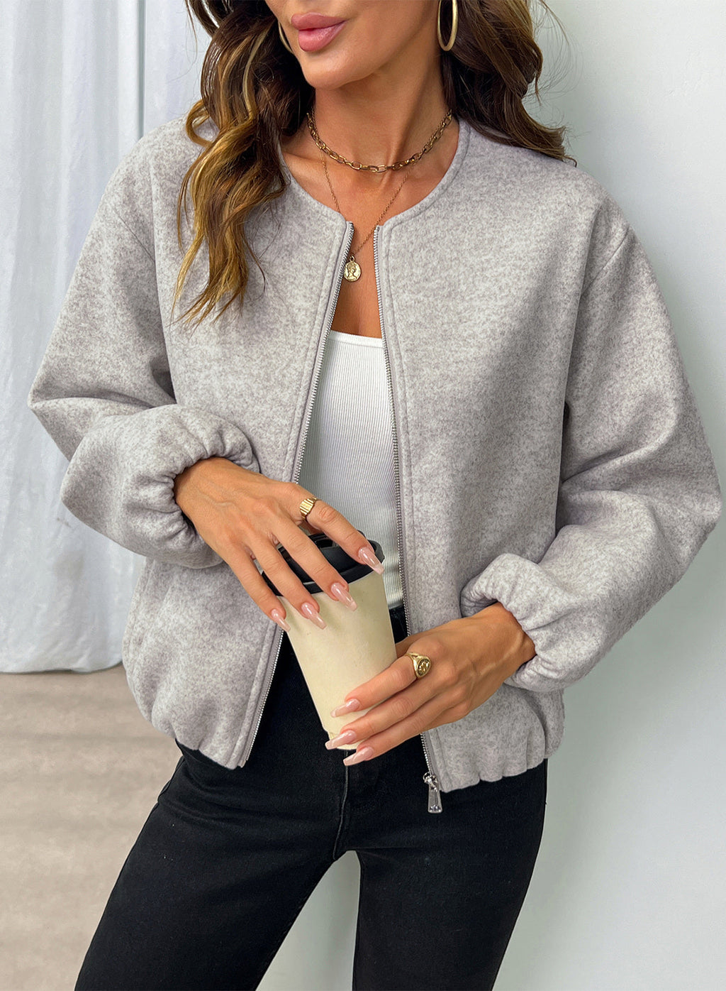 Bomber Jacket for Women Trendy Long Sleeve Coat with Pockets