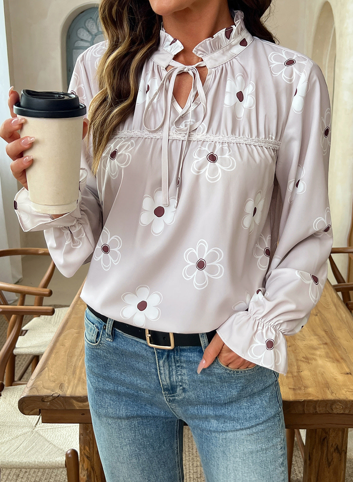 Dokotoo Long Sleeve Shirts for Women Boho Floral Tie V Neck Blouses