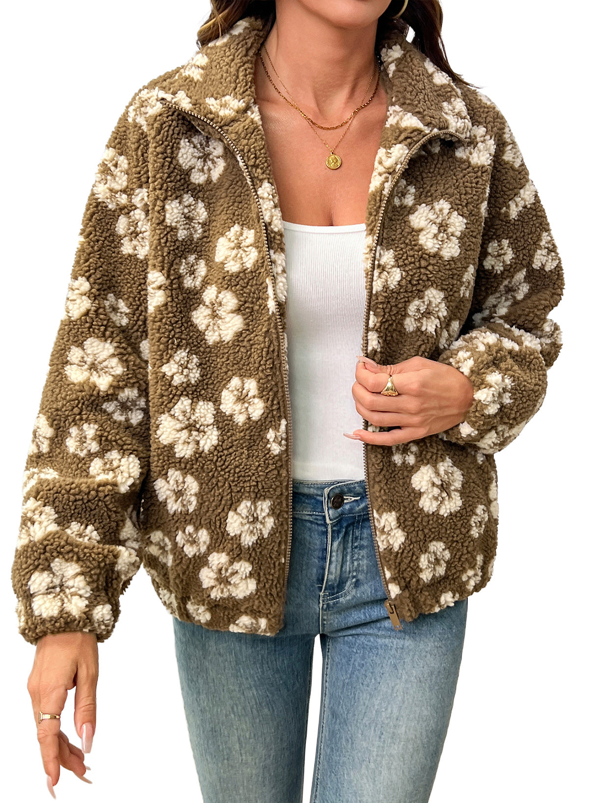 Zip Front Floral Sherpa Fleece Jacket