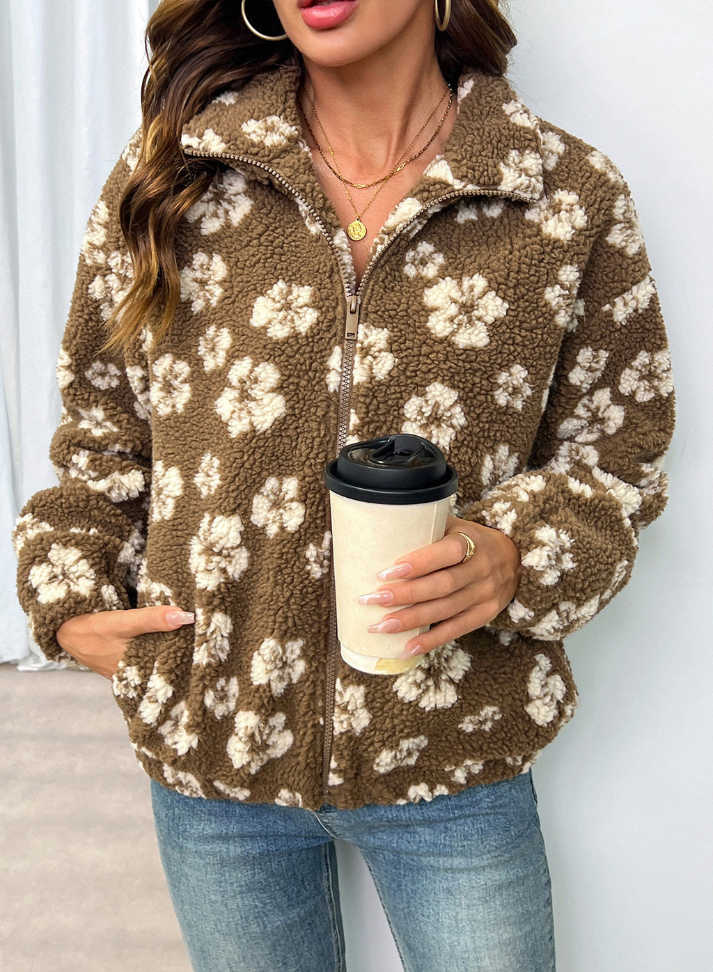 Zip Front Floral Sherpa Fleece Jacket