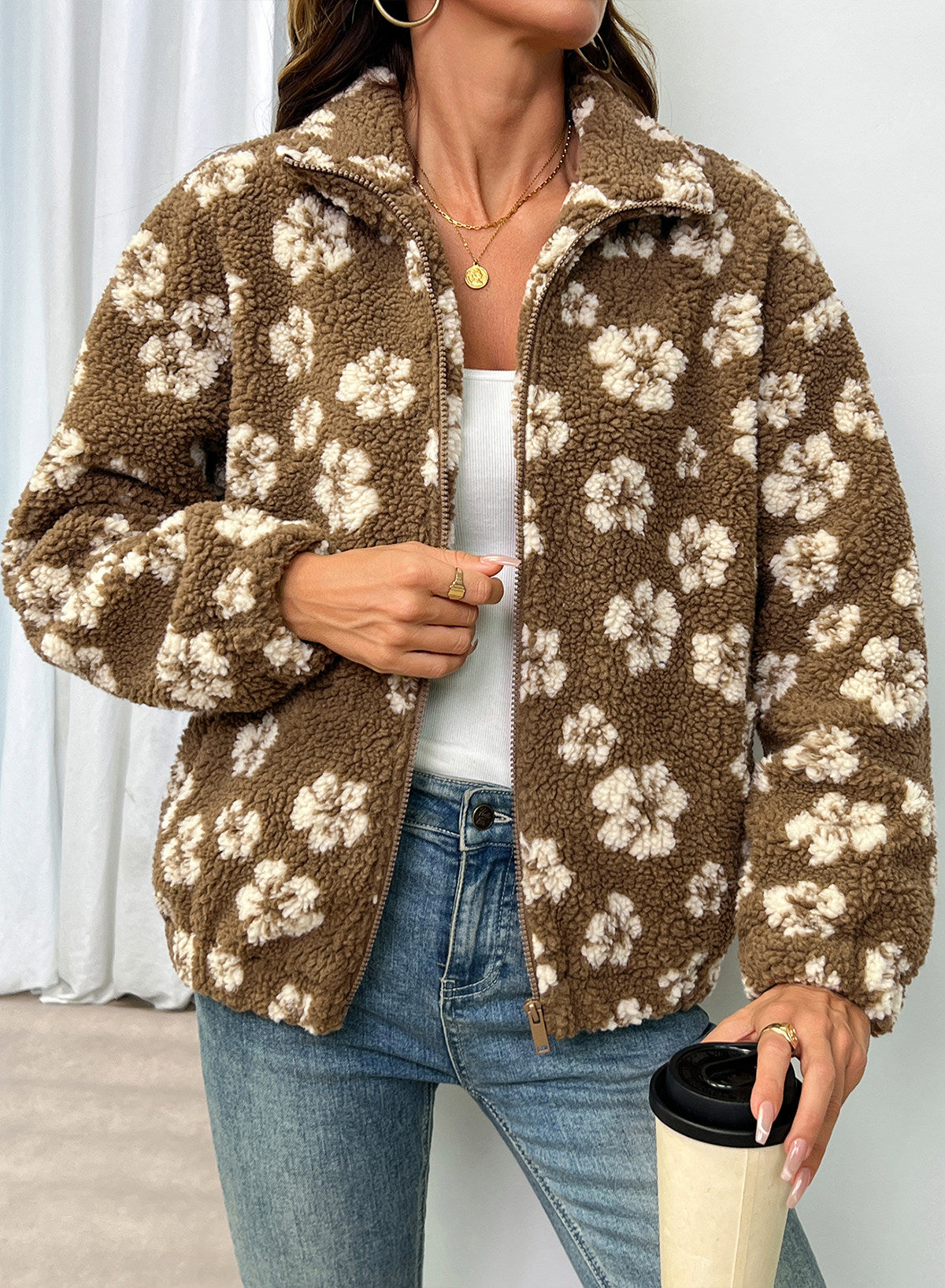 Zip Front Floral Sherpa Fleece Jacket