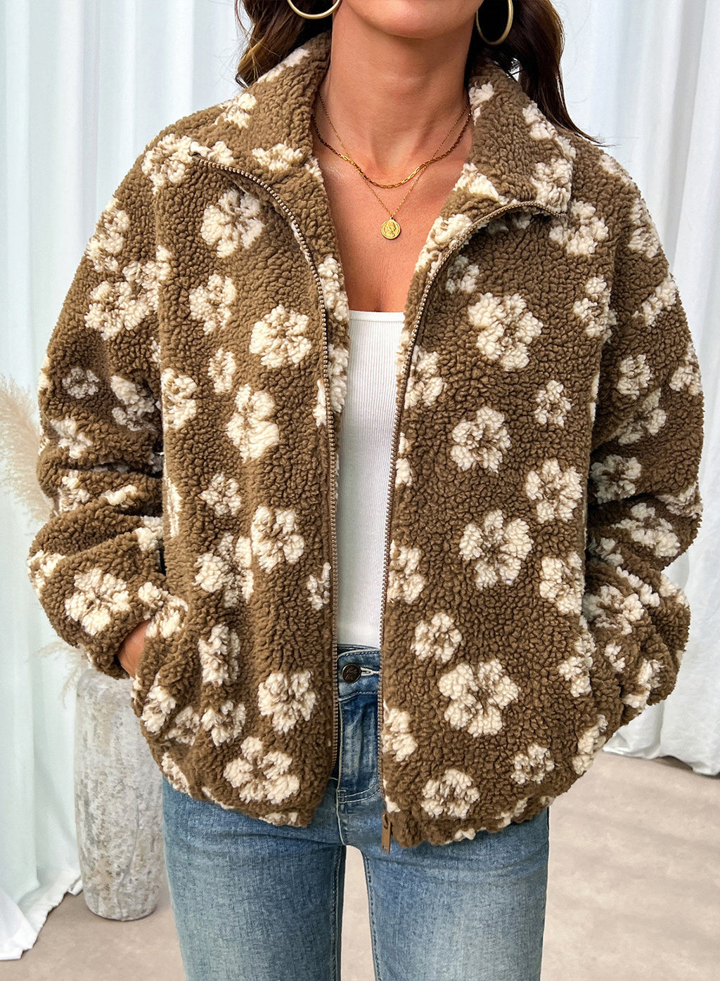 Zip Front Floral Sherpa Fleece Jacket