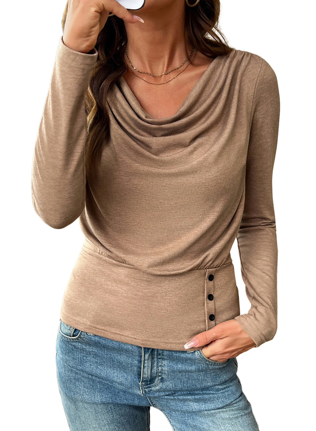 Women's Cowl Neck Long Sleeve Shirts Dressy Tops