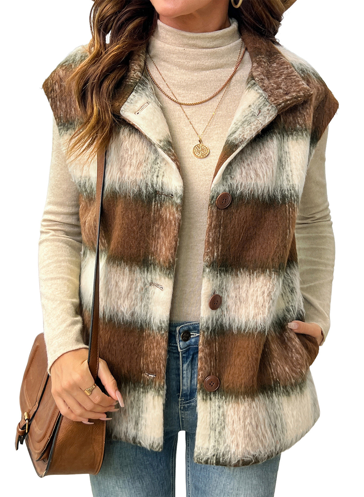 Dokotoo Oversized Plaid Vest Tops for Women Fleece Cap Sleeve Coats