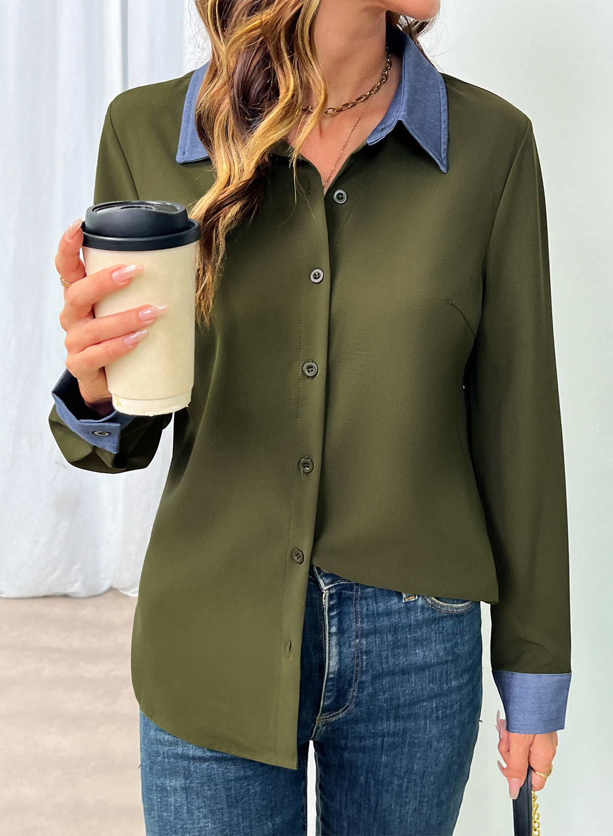 Dokotoo Button Down Shirts for Women Long Sleeve Denim Patchwork Tops