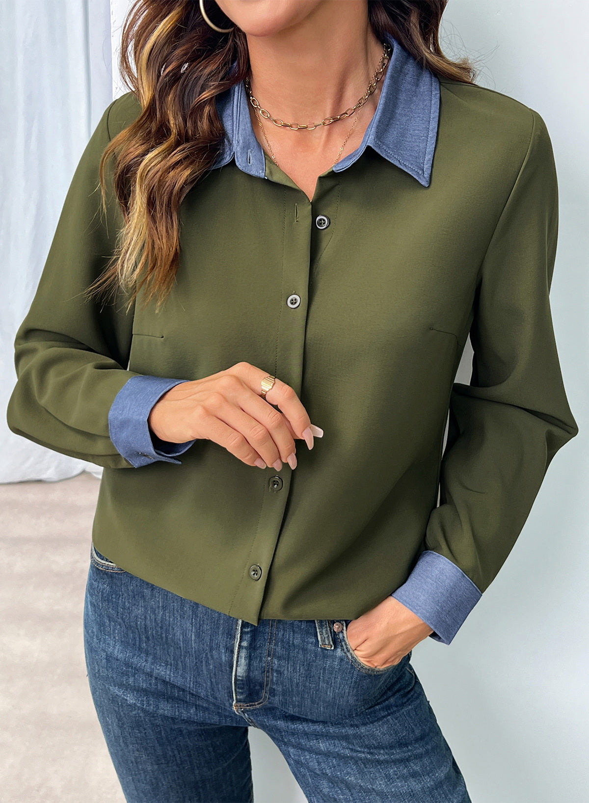 Dokotoo Button Down Shirts for Women Long Sleeve Denim Patchwork Tops