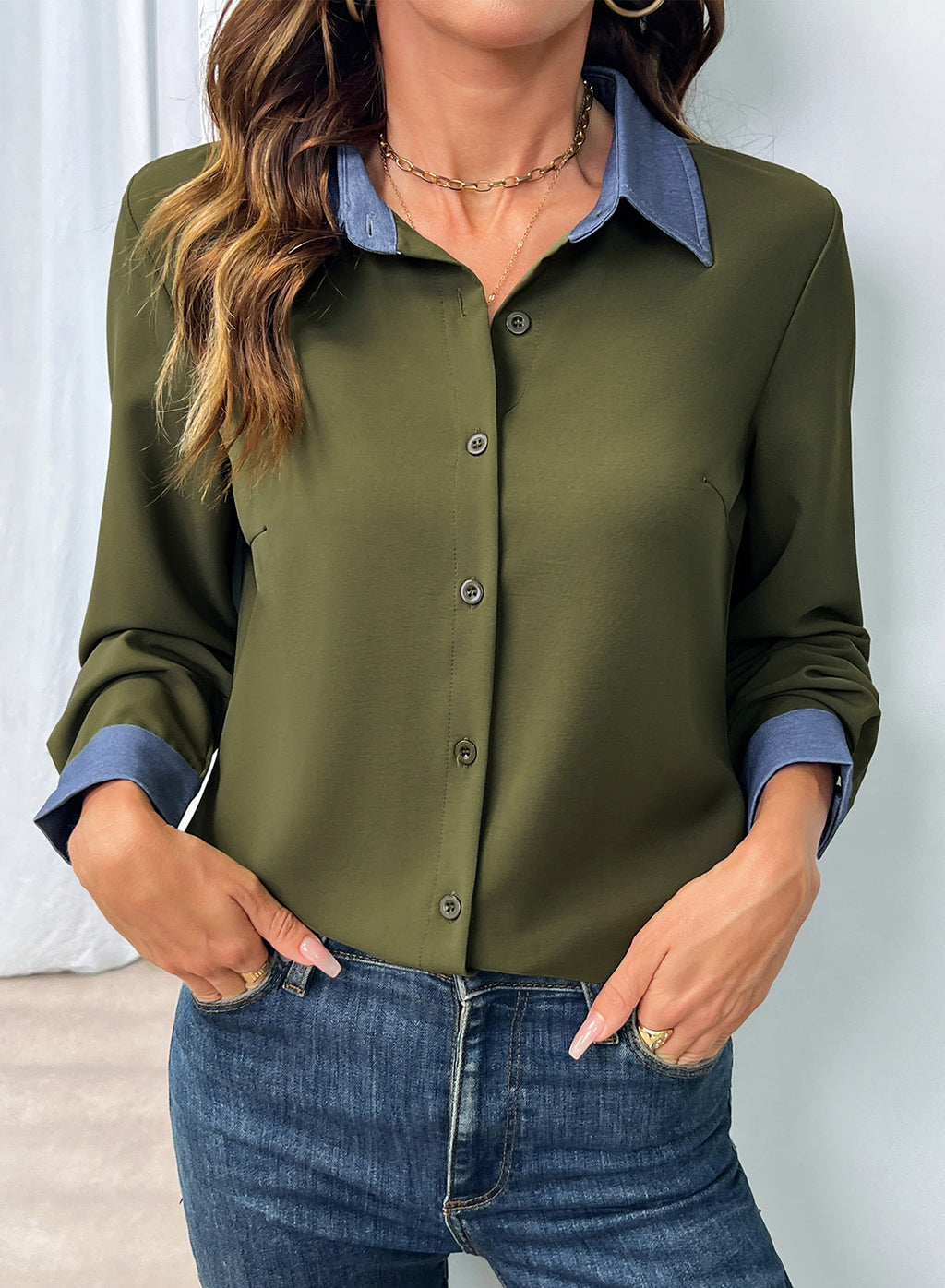 Dokotoo Button Down Shirts for Women Long Sleeve Denim Patchwork Tops
