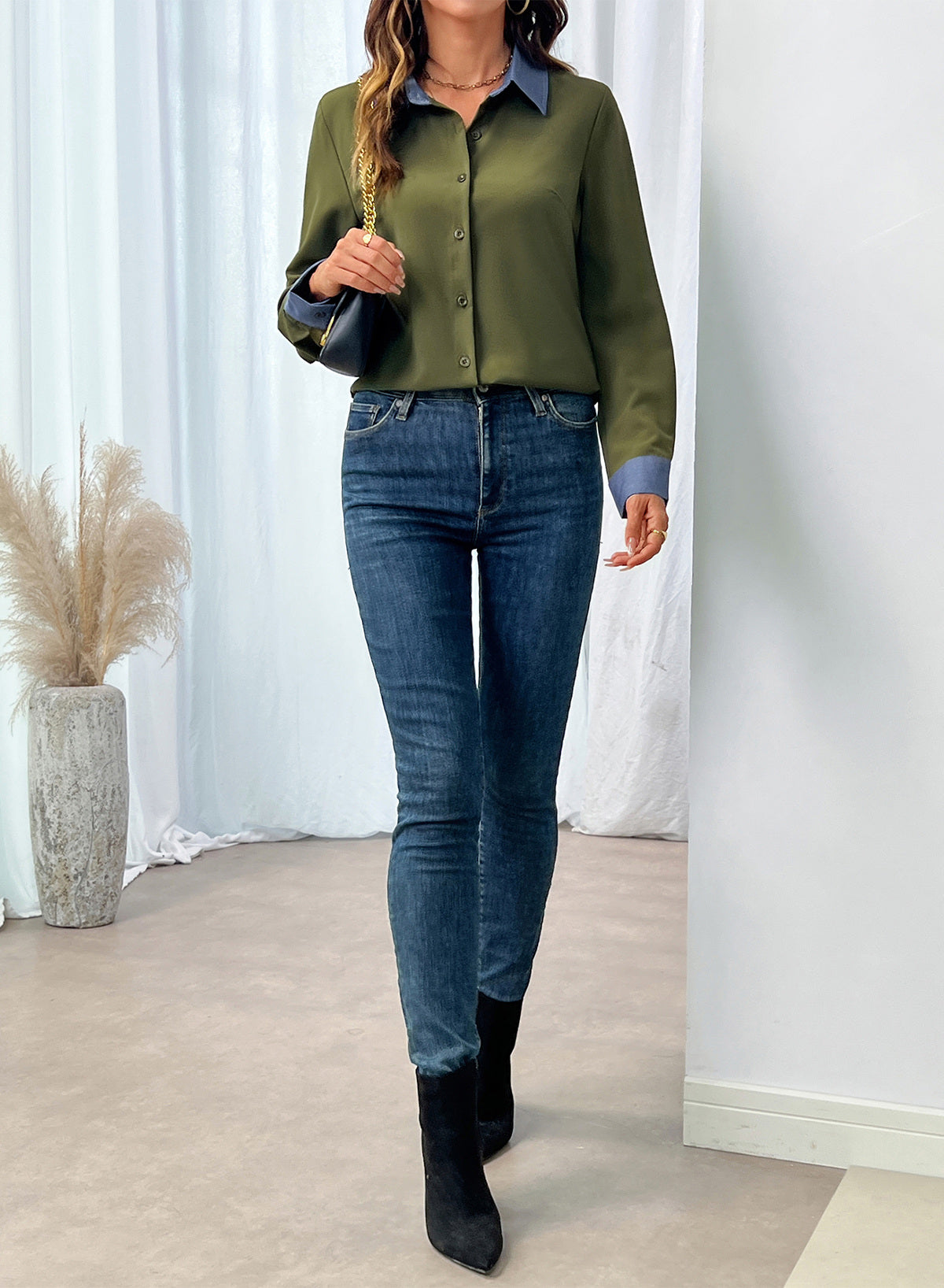 Dokotoo Button Down Shirts for Women Long Sleeve Denim Patchwork Tops