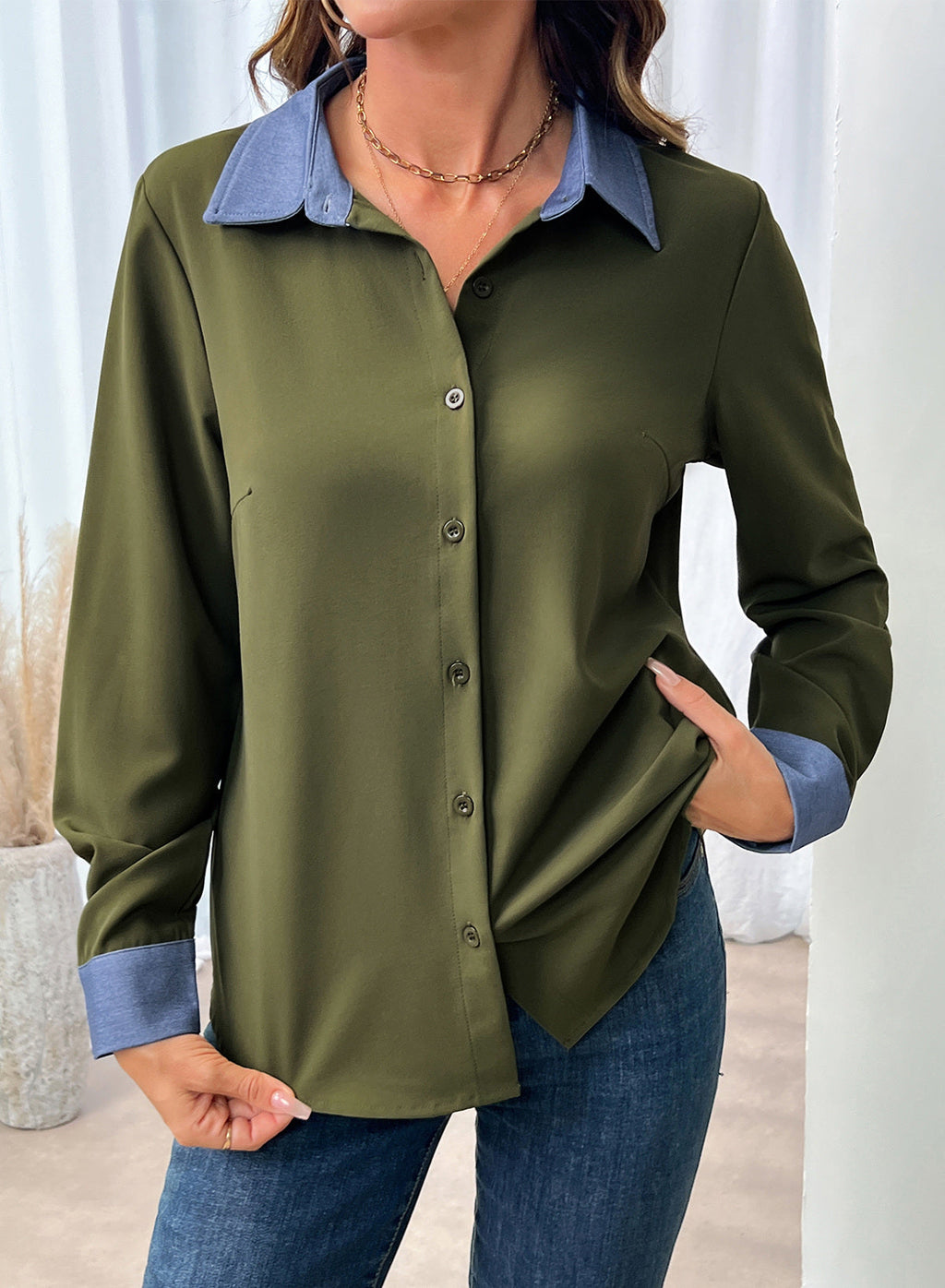 Dokotoo Button Down Shirts for Women Long Sleeve Denim Patchwork Tops