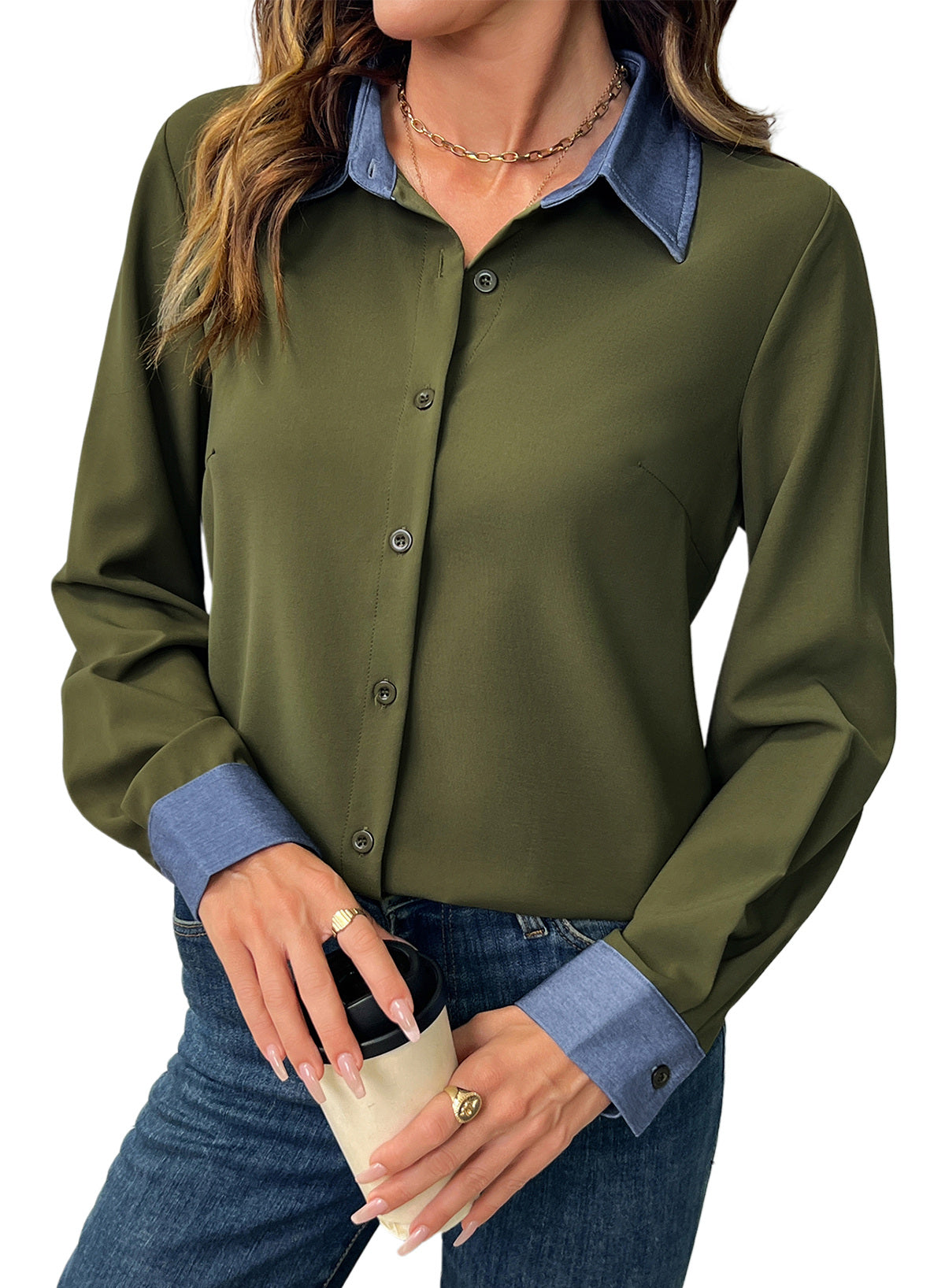 Dokotoo Button Down Shirts for Women Long Sleeve Denim Patchwork Tops