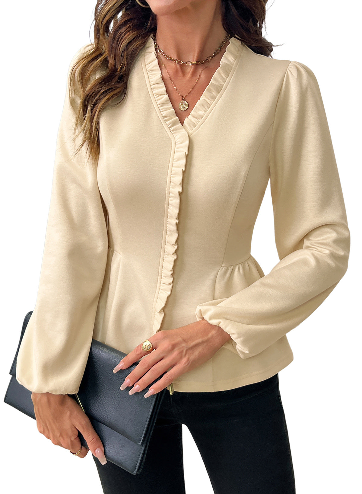 Womens Tops Ruffle Trim V Neck Peplum Babydoll Long Sleeve Shirts