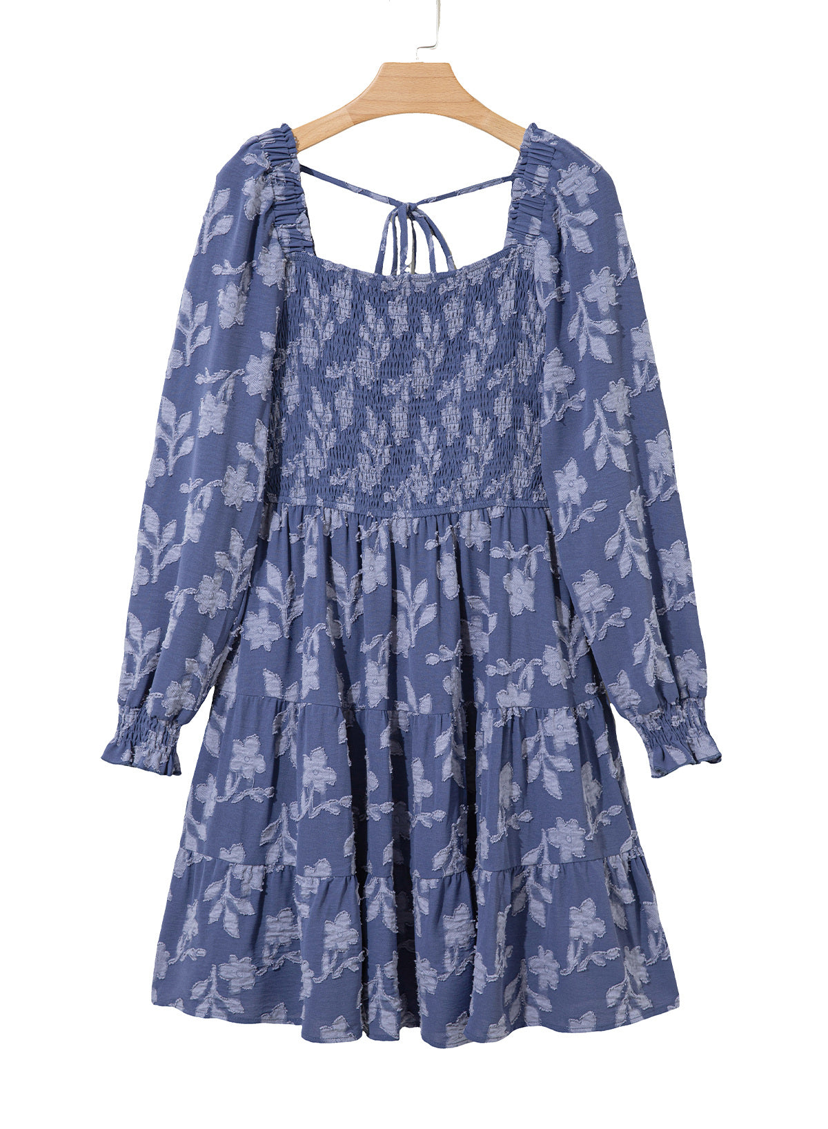 Dokotoo Womens Dresses Long Sleeve Square Neck Smocked Floral Burnout Swing Mini Dress