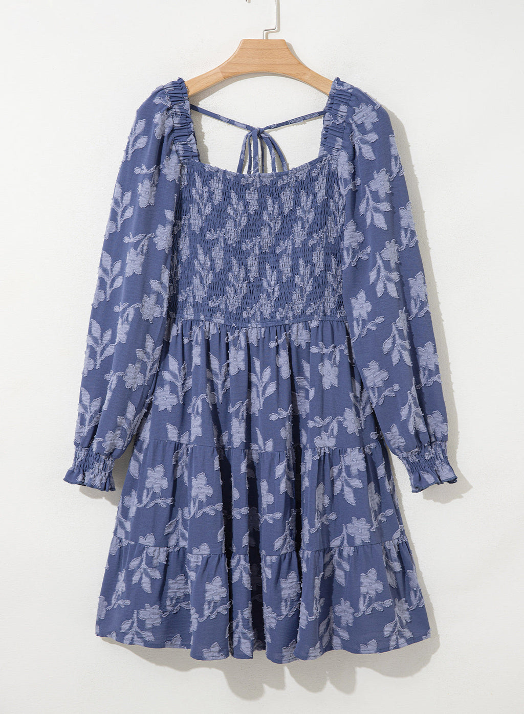 Dokotoo Womens Dresses Long Sleeve Square Neck Smocked Floral Burnout Swing Mini Dress