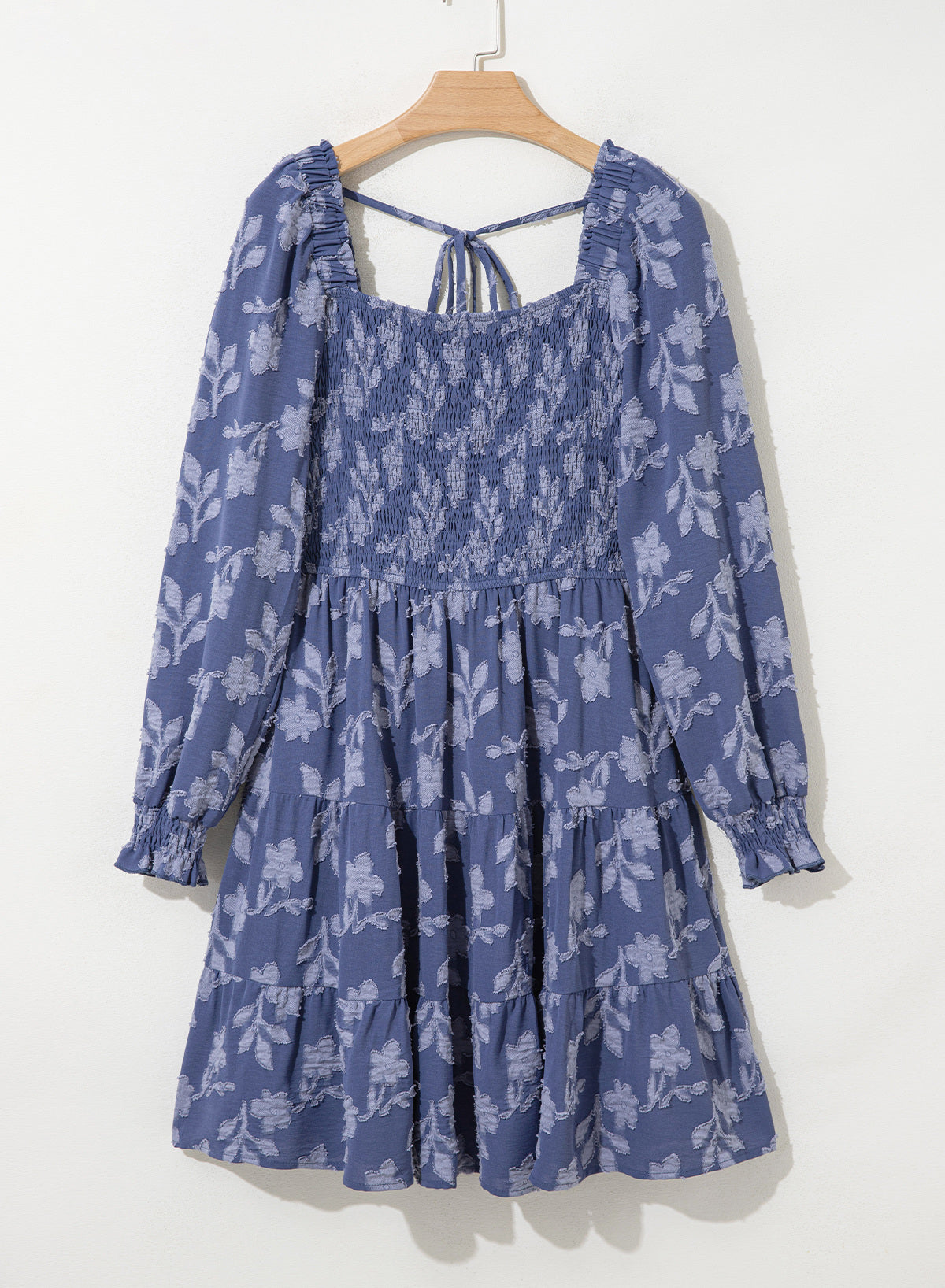 Dokotoo Womens Dresses Long Sleeve Square Neck Smocked Floral Burnout Swing Mini Dress
